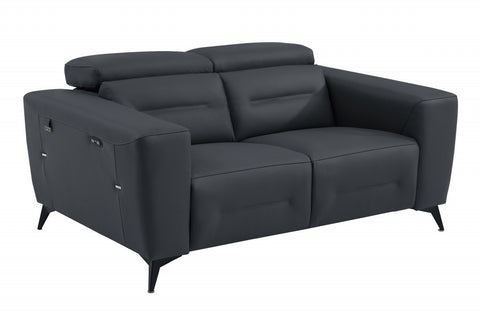 65" Dark Gray and Chrome Italian Leather Reclining Love Seat