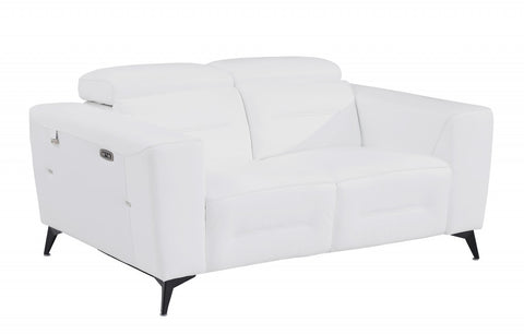 65" White and Chrome Italian Leather Reclining Love Seat