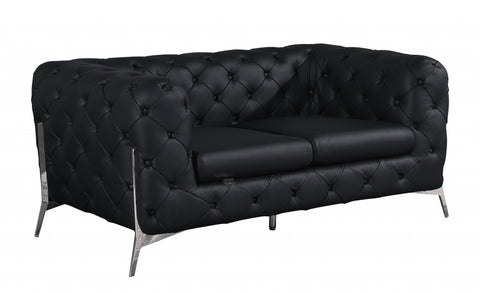 69" Black Tufted Italian Leather and Chrome Love Seat