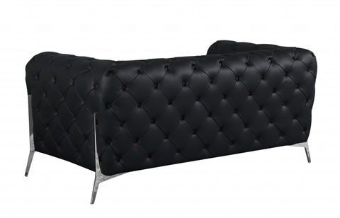 69" Black Tufted Italian Leather and Chrome Love Seat