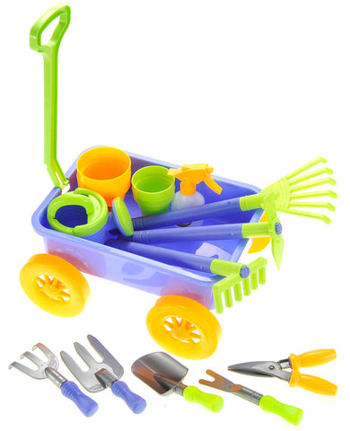 Garden Wagon & Tools Toy Set for Kids with 8 Gardening Tools, 4 Pots, Water Pail and Spray