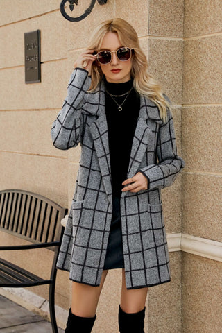 Printed Open Front Lapel Collar Cardigan with Pockets