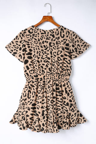 Leopard Flutter Sleeve Ruffle Hem Romper