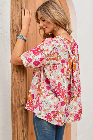 Floral Puff Sleeve Tied Blouse