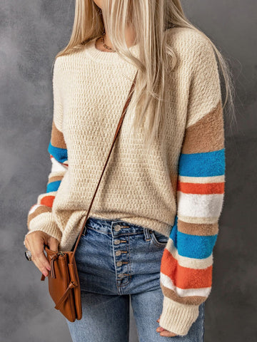 Striped Dropped Shoulder Crewneck Ribbed Trim Sweater