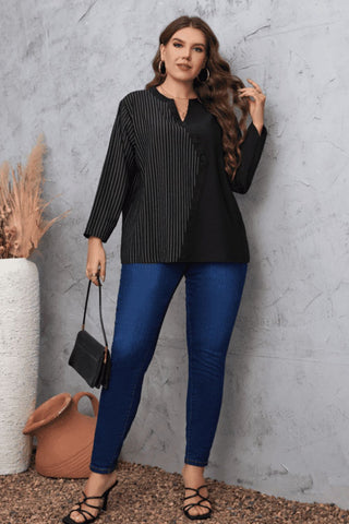 Plus Size Striped Notched Neck Top