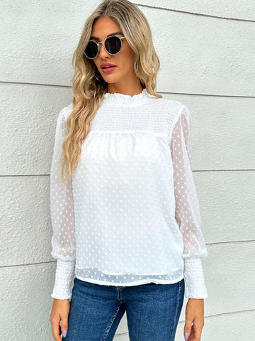 Swiss Dot Smocked Mock Neck Blouse