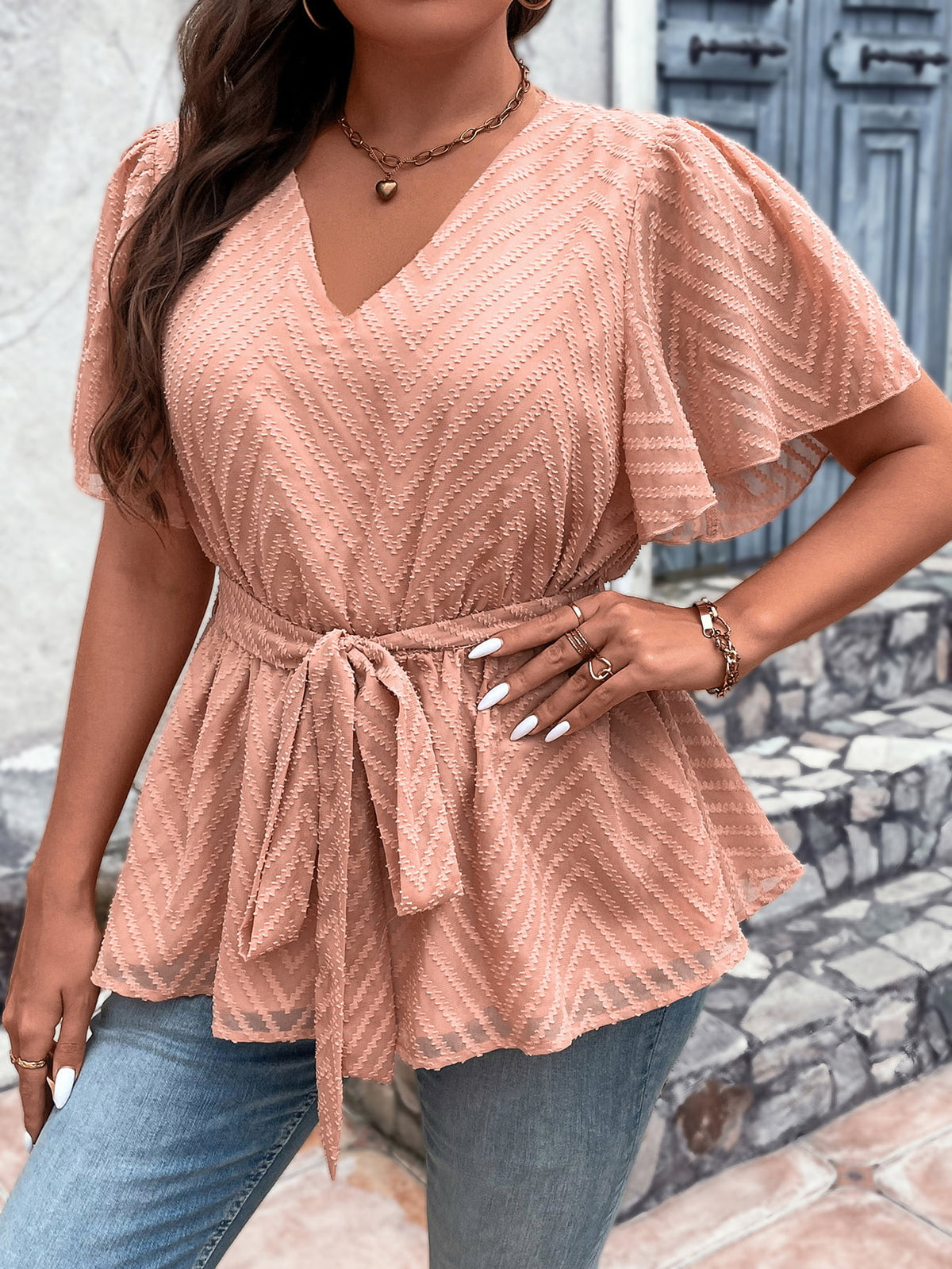 Plus Size V-Neck Flutter Sleeve Tie Waist Blouse