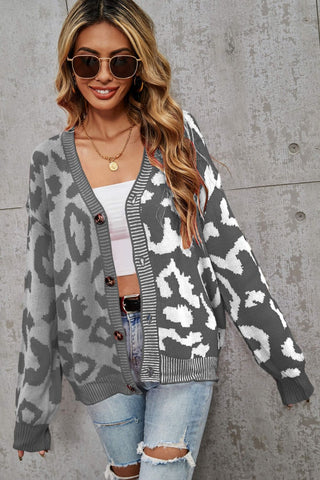 Leopard Button Front Ribbed Trim Cardigan