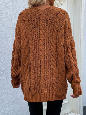 Cable-Knit Open Front Cardigan with Front Pockets