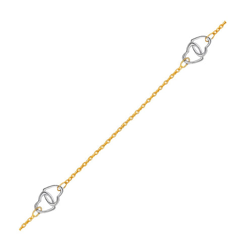 14k Two Tone Gold Entwined Heart Stationed Anklet