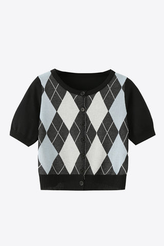 Argyle Round Neck Ribbed Trim Cardigan