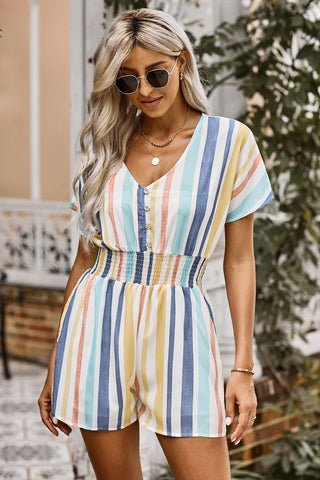 Multicolored Stripe V-Neck Smocked Waist Romper