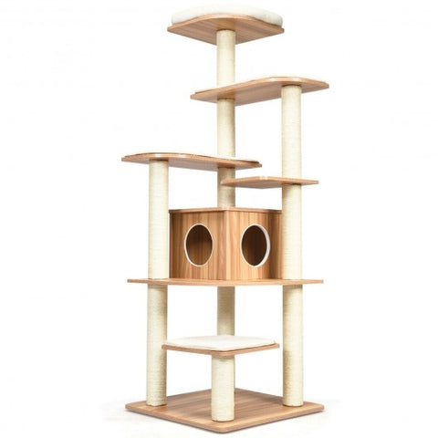 Wood Multi-Layer Platform Cat Tree with Scratch Resistant Rope