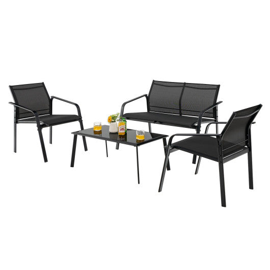 4 Pieces Patio Furniture Set with Armrest Loveseat Sofas and Glass Table Deck-Black