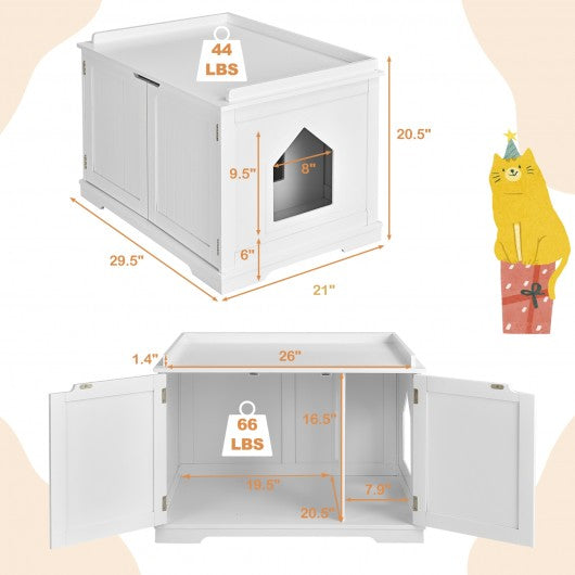 Cat Litter Box Enclosure with Double Doors for Large Cat and Kitty-White