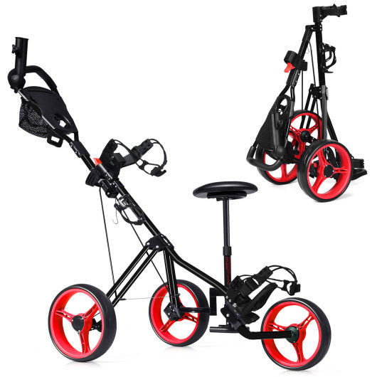 Foldable 3 Wheels Push Pull Golf Trolley with Scoreboard Bag-Red