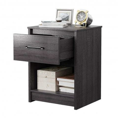 Wooden End Side Table Nightstand with Drawer Storage Shelf-Black