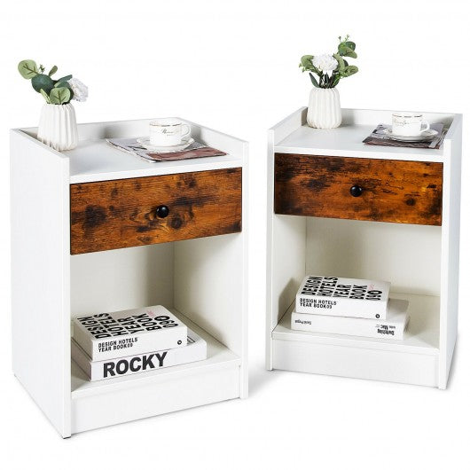 Set of 2 Nightstand with Drawer Cabinet End Side Table Raised Top-White