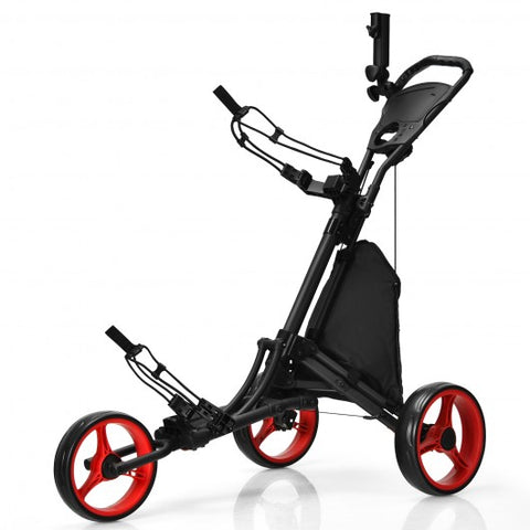 Folding 3 Wheels Golf Push Cart with Bag Scoreboard Adjustable Handle -Red