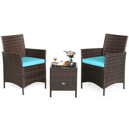 3 Pieces Patio Rattan Furniture Set Cushioned Sofa and Glass Tabletop Deck-Blue