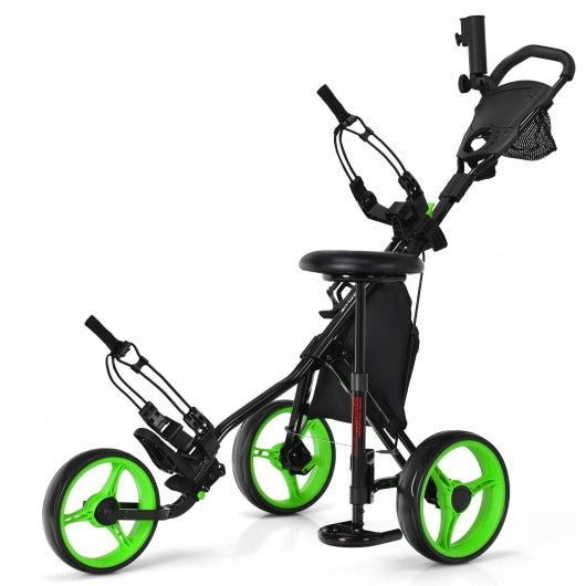 3 Wheels Folding Golf Push Cart with Seat Scoreboard and Adjustable Handle-Green