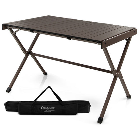 4-6 Person Portable Aluminum Camping Table with Carrying Bag-Brown