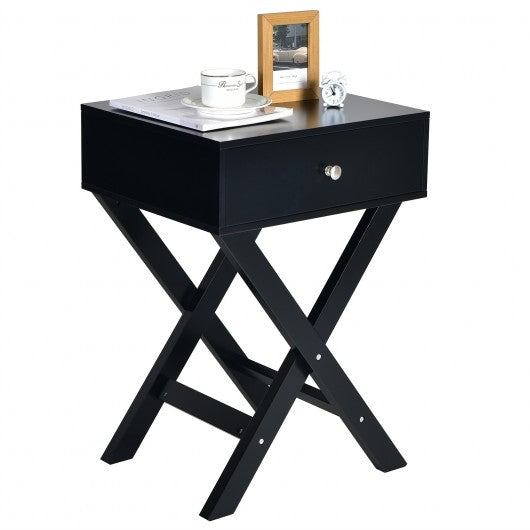 X Shaped Structure Side Nightstand with Drawer-Black