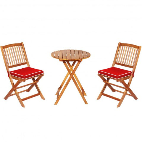 3 Pieces Patio Folding Wooden Bistro Set Cushioned Chair-Red