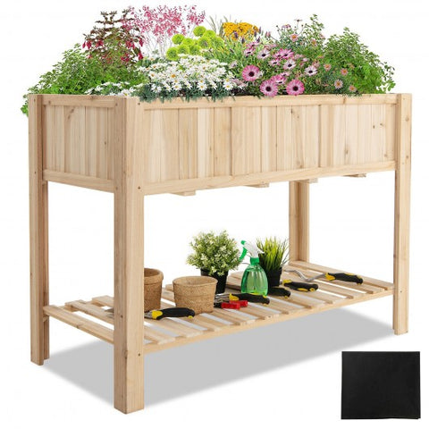 47 Inch Wooden Raised Garden Bed with Bottom Shelf and Bed Liner