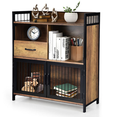 Buffet Server Sideboard Kitchen Storage Cabinet with Drawer and Steel Doors-Rustic Brown