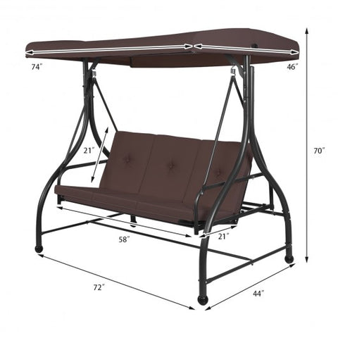 3 Seats Converting Outdoor Swing Canopy Hammock with Adjustable Tilt Canopy-Brown