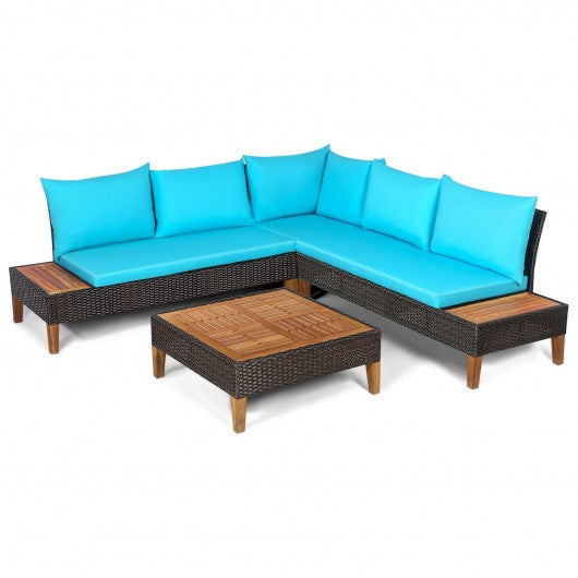 4 Pieces Patio Cushioned Rattan Furniture Set with Wooden Side Table-Turquoise