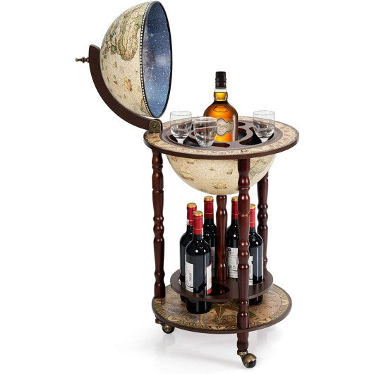 17 Inch Italian Style Design Wooden Globe Liquor Bottle Wine Rack with Wheels