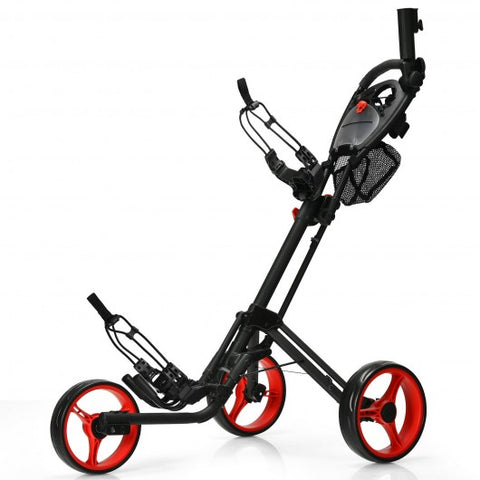 Folding 3 Wheels Golf Push Cart with Brake Scoreboard Adjustable Handle-Red