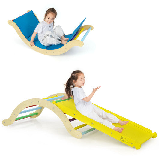 3-in-1 Kids Climber Set Wooden Arch Triangle Rocker with Ramp and Mat