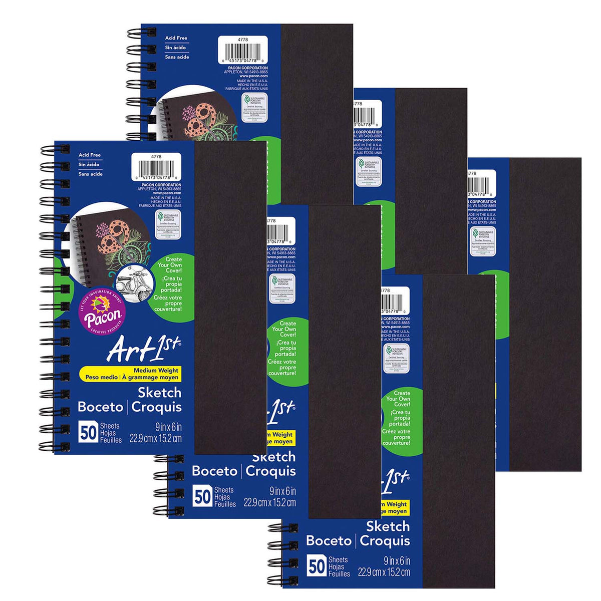 Create Your Own Cover Sketch Diary, Black Chip Cover, 9" x 6", 50 Sheets, Pack of 6