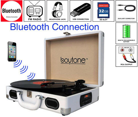 Boytone BT-101WT Bluetooth Turntable Briefcase Record player AC-DC, Built in Recharg