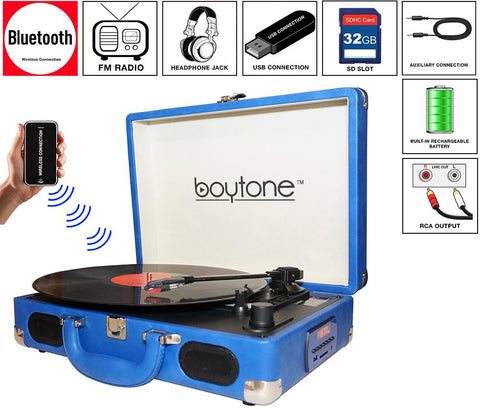 Boytone BT-101BL Bluetooth Turntable Briefcase Record player AC-DC, Built in Recharg