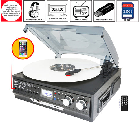 BOYTONE BT-17DJB-C 3-Speed Stereo Turntable with Built in Speakers Digital LCD Displ