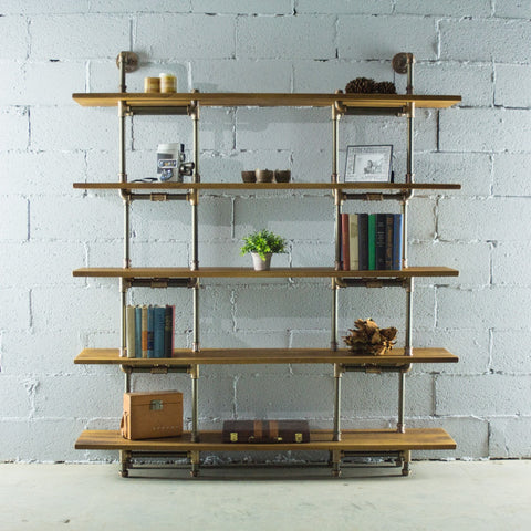 Eugene Modern Industrial  64-inch Wide Large Storage 5-shelf Pipe Bookcase - Etagere  Metal And Reclaimed-aged Wood Finish