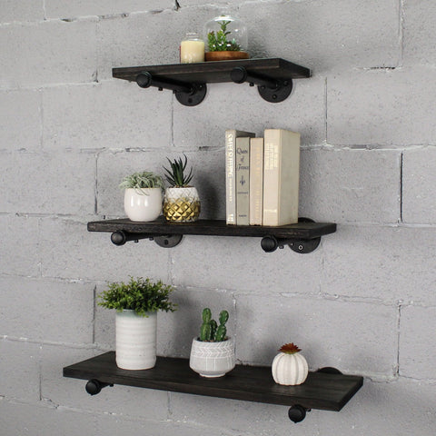 Furniture Pipeline Louisville Farmhouse  18  24  30 Wide  Espresso  Set Of 3  Decorative Wall Shelf  Solid Wood & Metal  Distressed Finish