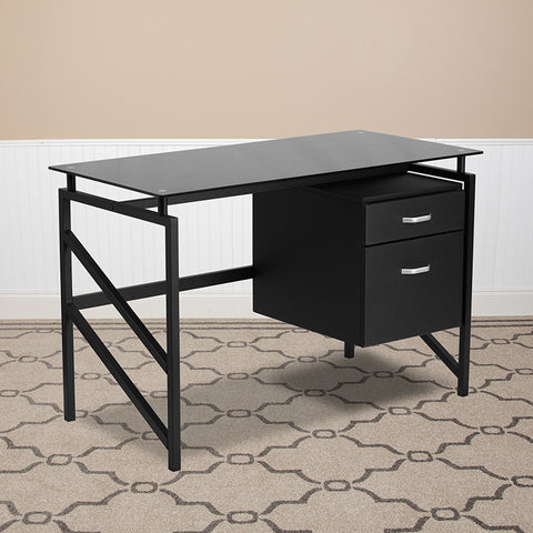 Black Glass 2 Drawer Desk