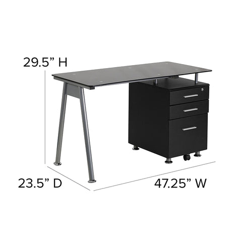 Black Glass 3 Drawer Desk