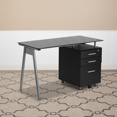 Black Glass 3 Drawer Desk