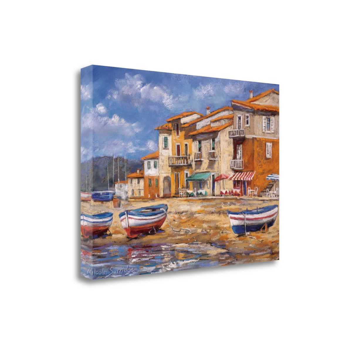 47" Boats Docked Near Cafes Bright Sunny Day Giclee Wrap Canvas Wall Art