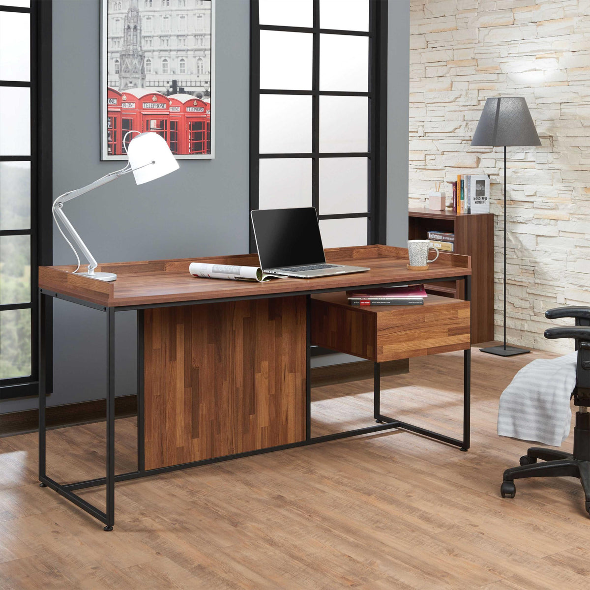 62" X 24" X 31" Walnut Sandy Black Metal Desk