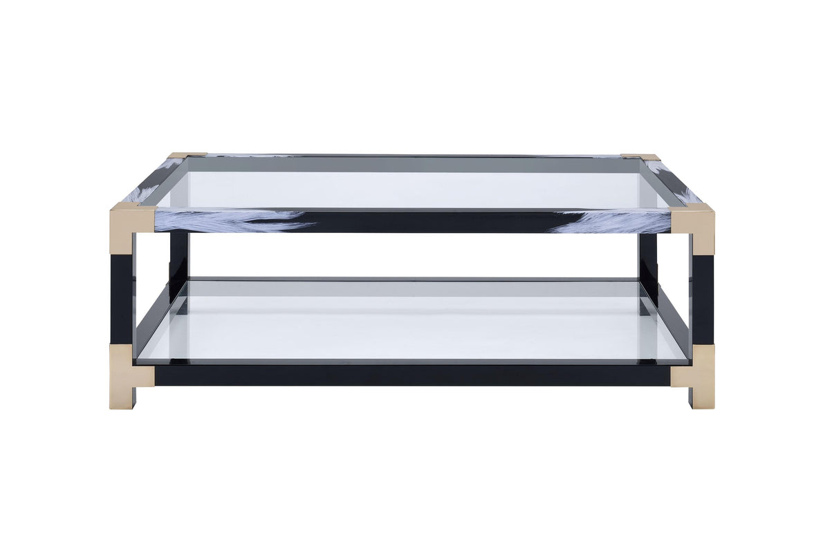 54" X 18" X 34" White Brushed Black Gold And Clear Glass Coffee Table