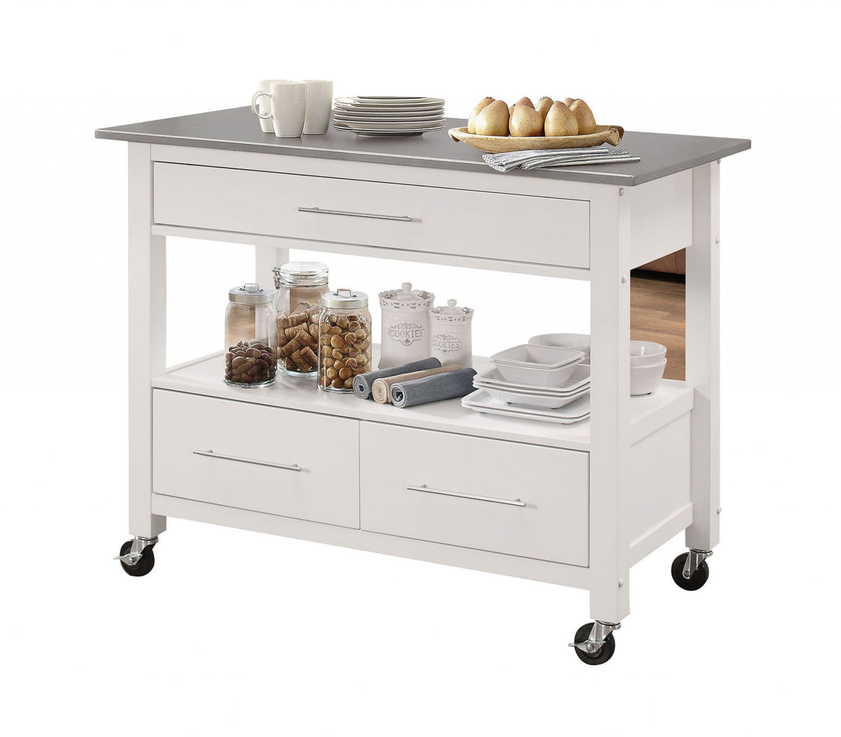 White and Stainless Rolling Kitchen Island or Bar Cart