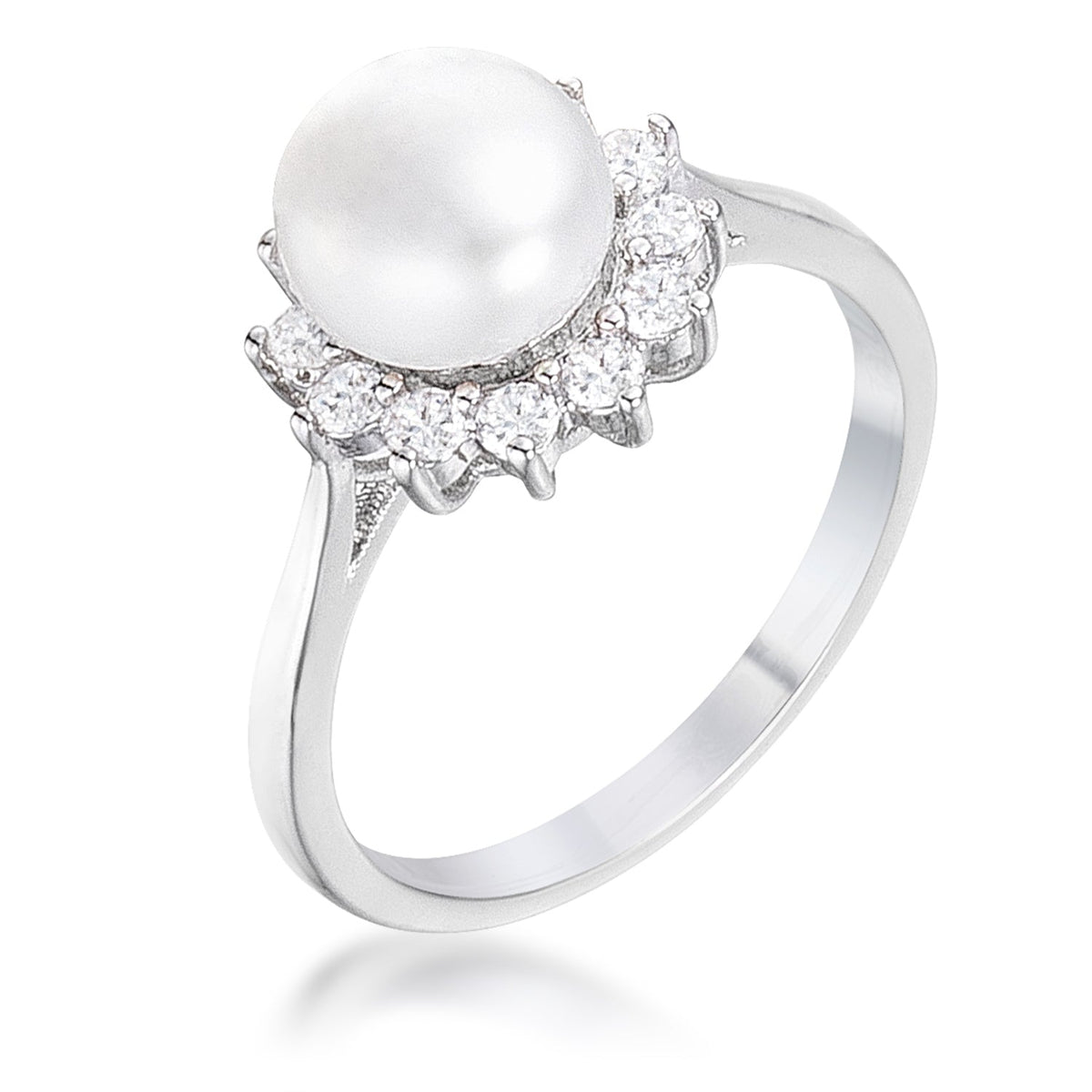 .36Ct Rhodium Plated Freshwater Pearl and CZ Halo Ring, <b>Size 5</b>